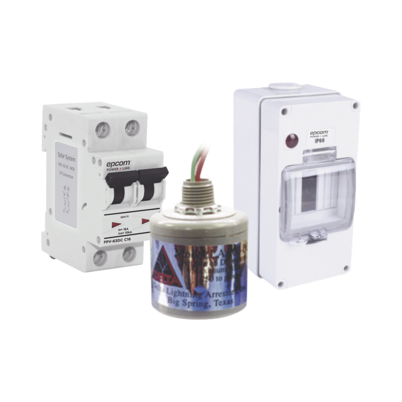 Kit de Centro de Carga de Pastilla Termica de 800 Vcd,16 A en CD con Supresor de Descargas Atmosféricas.
