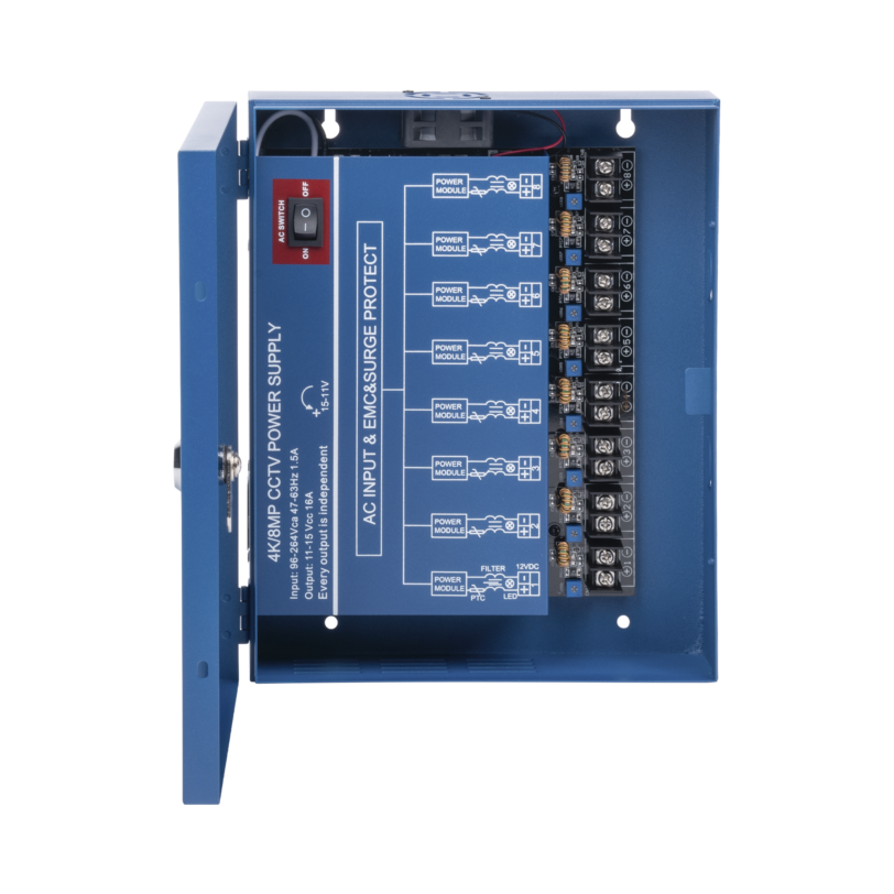 Fuente de poder profesional HEAVY DUTY de 11 - 15 Vcd @ 16 Amper, para hasta 16 cámaras, con voltaje de entrada de: 110-220 Vca / Compatible con cámaras 4K