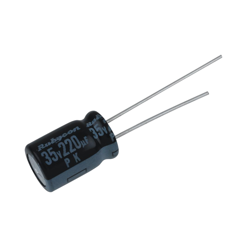 Capacitor Electrolítico Radial de Aluminio de 220 uFd, a 35 Volt.