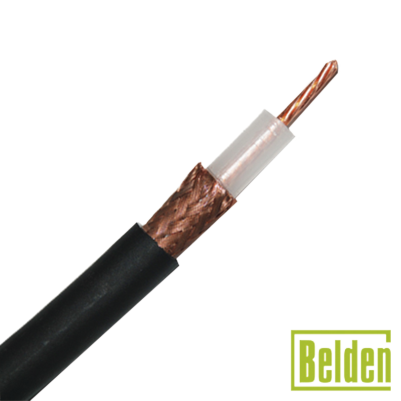Cable RG213U con blindaje de malla trenzada de cobre 97%, aislamiento de polietileno.