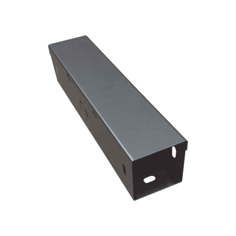 Ducto cuadrado embisagrado 6.5 x 6.5 cm, fabricado en lámina de acero al carbón, hasta 67 cables Cat6,  incluye cople con tornillería y 1 knock out por lado