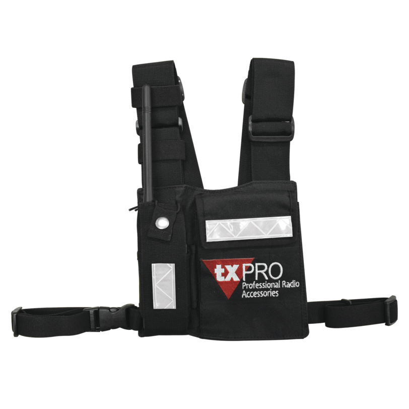 Pechera Universal con soporte para radio, sostén de bolígrafo y seguridad para la bolsa con cinta adherente. Logo TX-PRO.