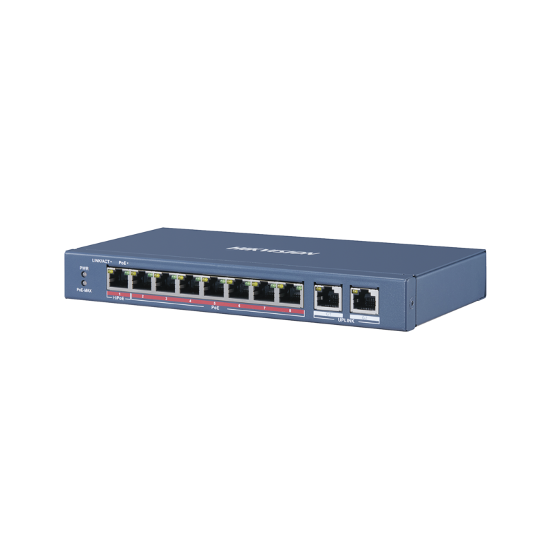 Switch PoE+ / 7 Puertos 100 Mbps 802.3 af/at (30 W) + 1 Puerto 100 Mbps Hi-PoE (60 W) / 2 Puertos Uplink Gigabit / 250 Metros PoE Larga Distancia