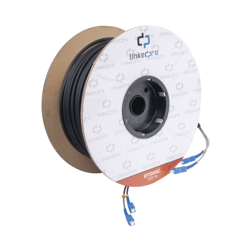 Carrete de Fibra Óptica Monomodo con conectores SC-SC Duplex, Reforzada con Kevlar, de 100 metros