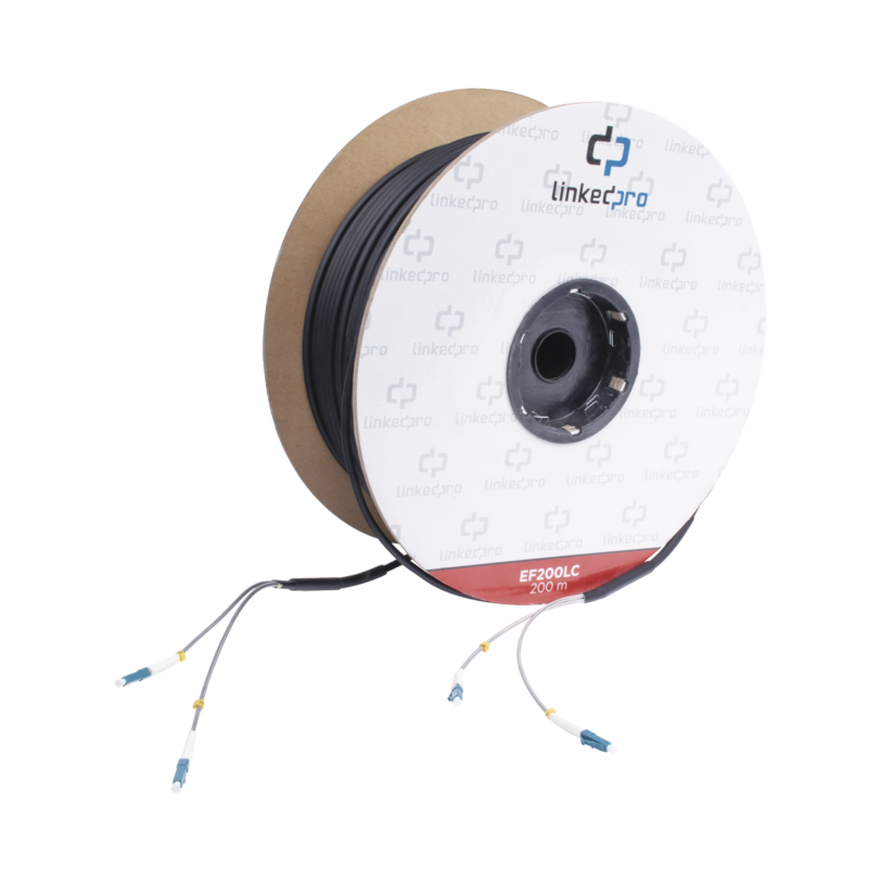 Carrete de Fibra Óptica Monomodo con conectores LC-LC Duplex, Reforzada con Kevlar, de 200 metros