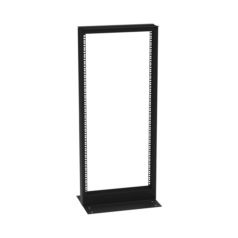 Rack de 2 Postes (Doble Perforación), Estándar 19, 24 Unidades, Fabricado en Acero, Base L para Anclar a Piso.