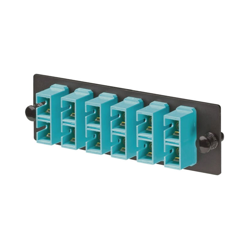 Placa Acopladora de Fibra Optica FAP, Con 6 Conectores SC Duplex (12 Fibras), Para Fibra Multimodo OM3/OM4, Color Aqua