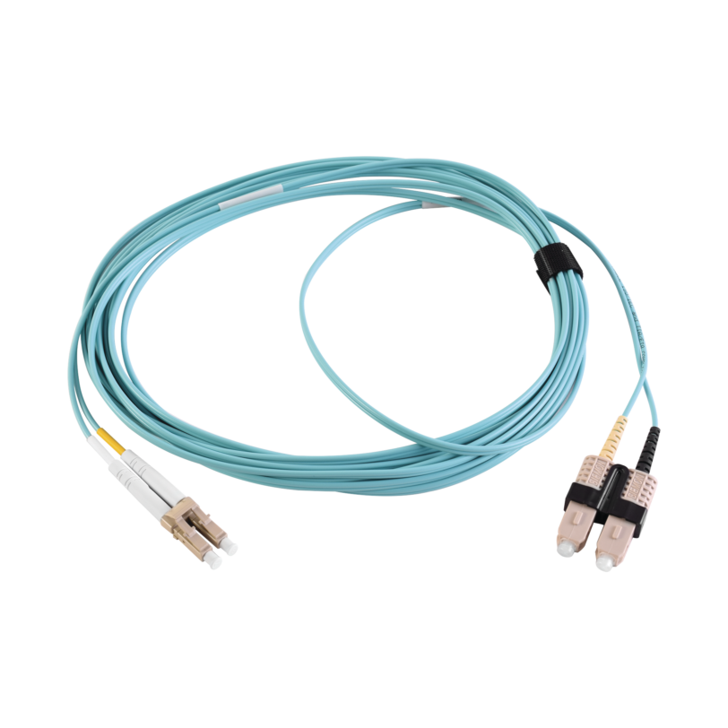 Jumper de Fibra Óptica Multimodo 50/125 XGLO OM3, LC-SC Duplex, OFNR, Color Aqua, 2 Metros
