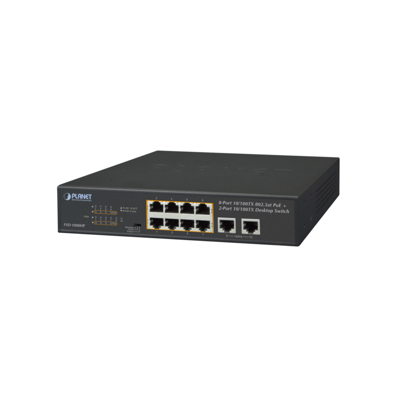Switch No Administrable, 8 puertos PoE 802.3af/at 30 W, hasta 250 m, 2 puertos Uplink