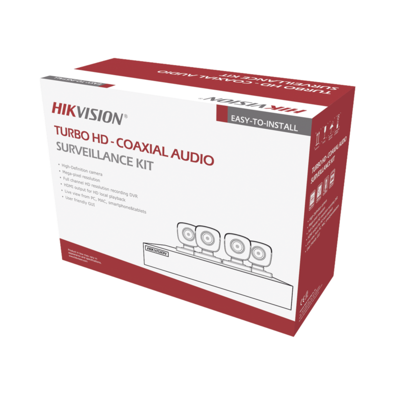 KIT TURBOHD 5 Megapíxel / DVR 4 Canales / 4 Cámaras Bala con Micrófono Integrado (exterior 2.8 mm) / Fuente de Poder / Accesorios de Instalación