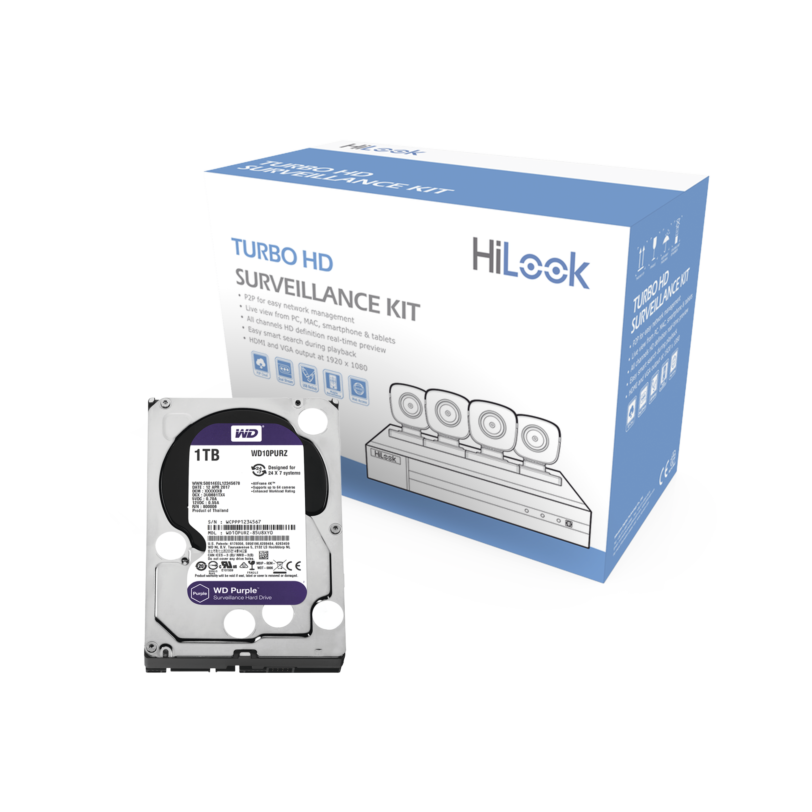 KIT TurboHD 1080p / DVR 4 canales / 4 Cámaras Bala de Metal / Fuente de Poder / 1 Disco Duro 1TB / Accesorios de Instalación