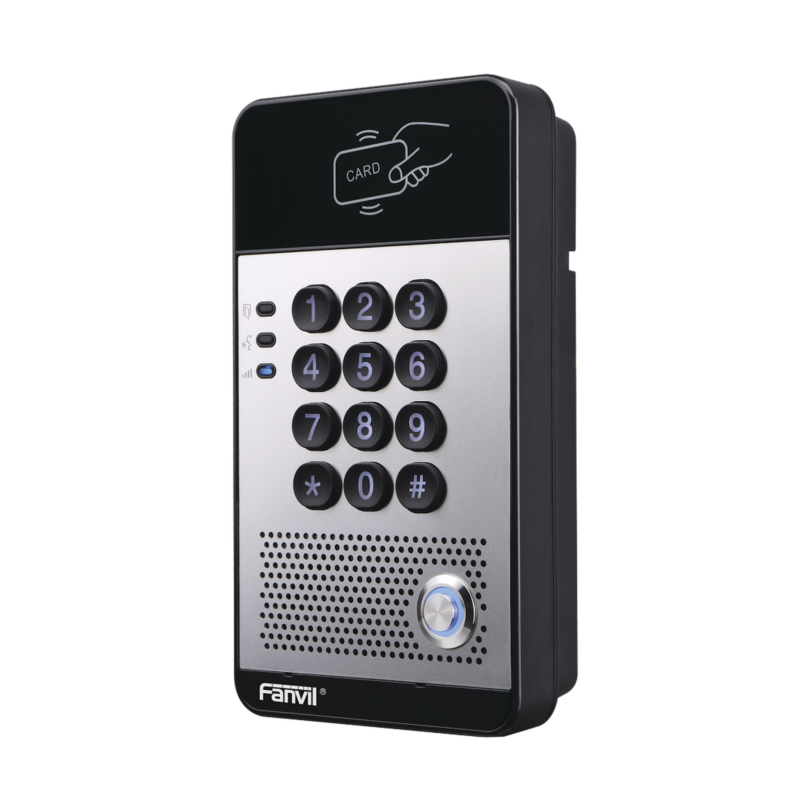 Portero IP con 2 líneas SIP, relevador integrado, teclado numérico y lectora de tarjetas RFID para control de acceso, PoE