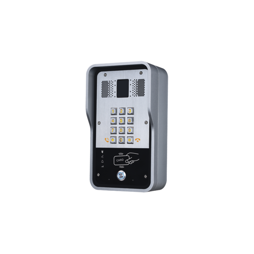 Portero IP  2 lineas SIP con relevador integrado, Onvif y lector RFID para acceso por clave numérica, tarjeta o llamada remota, PoE