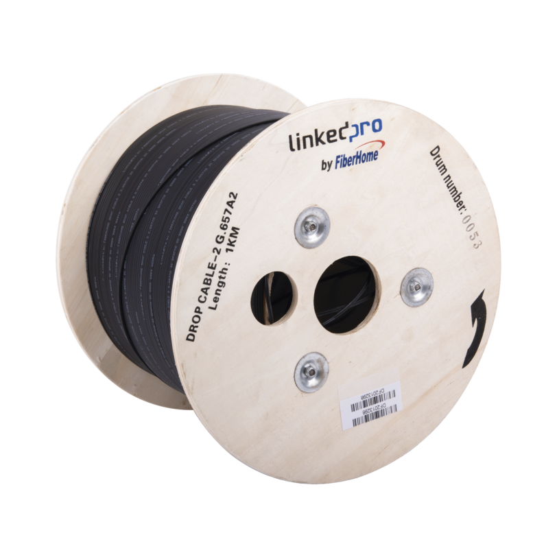 Carrete de 1 km de Fibra Óptica Drop, Interior/Exterior G.657A2 Monomodo de 2 hilos, Dieléctrica, Forro Negro