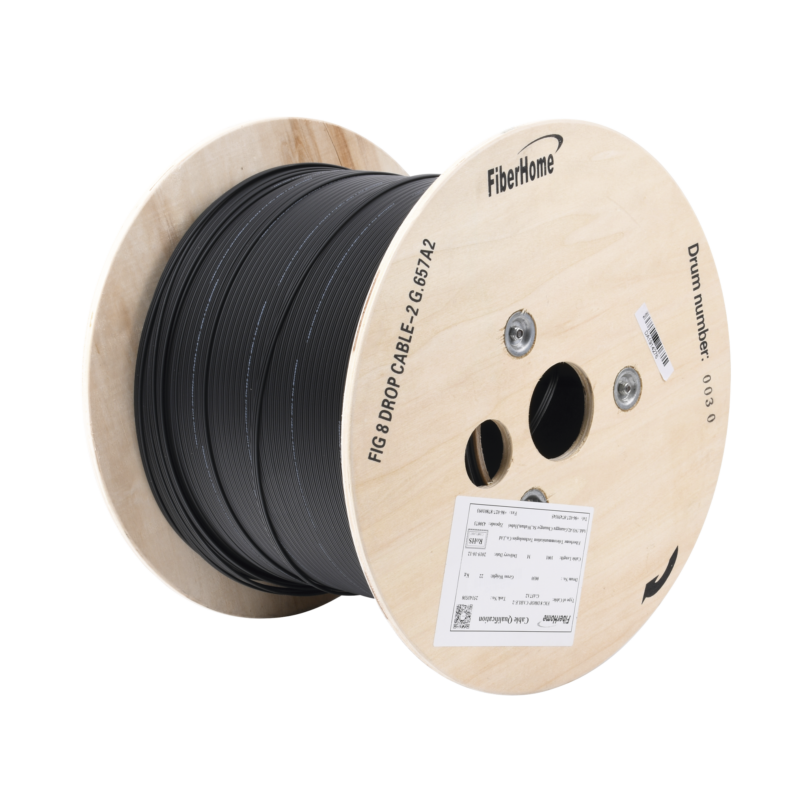Carrete de 1 km de Fibra Óptica Aérea Mini Figura 8 G.657A2 tipo Drop, Monomodo de 2 Hilos, Color Negro