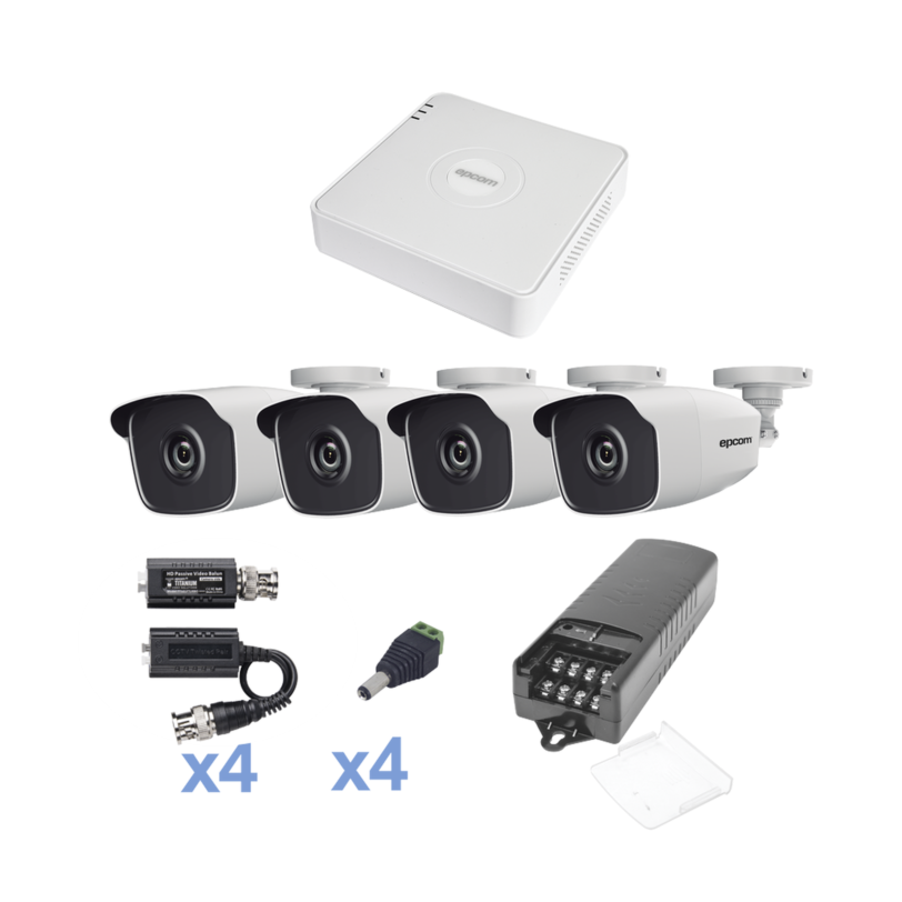 KIT TurboHD 720p / DVR 4 Canales / 4 Cámaras Bala (exterior 2.8 mm) / Transceptores / Conectores / Fuente de Poder Profesional