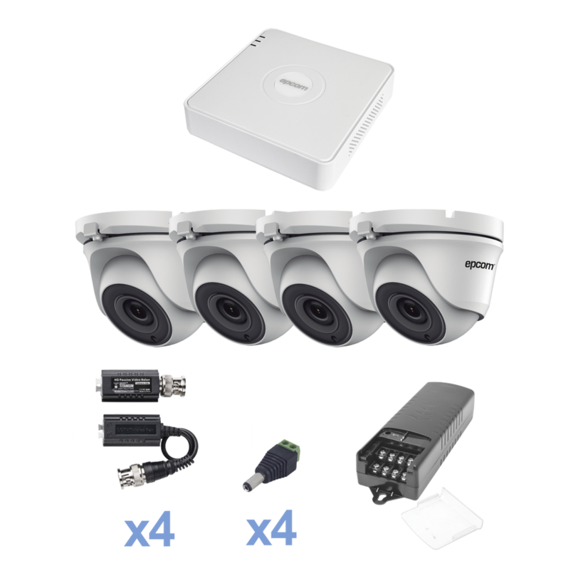 KIT TurboHD 720p / DVR 4 Canales / 4 Cámaras Eyeball 92Â° visión (exterior) / Transceptores / Conectores / Fuente de Poder Profesional
