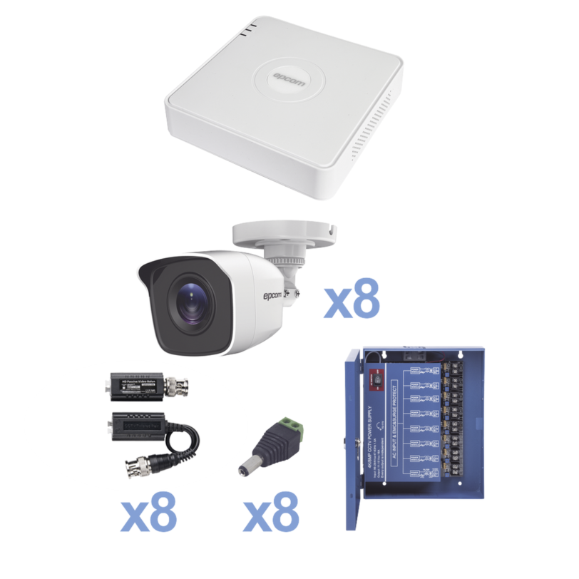 KIT TurboHD 720p / Incluye DVR 8 Ch / 8 Cámaras Balas (exterior 2.8 mm) / Conectores / Transceptores / Fuente de Poder Profesional hasta 15 Vcd para Larga Distancia