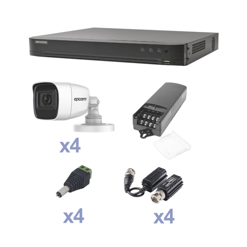 KIT TurboHD con Audio 1080p / DVR 4 Canales / 4 Cámaras Bala (exterior 2.8 mm) / Transceptores / Conectores / Fuente de Poder / AUDIO POR COAXITRON