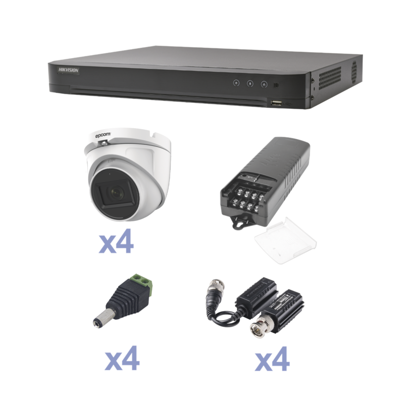 KIT TurboHD con Audio 1080p / DVR 4 Canales / 4 Cámaras Domo (exterior 2.8 mm) / Transceptores / Conectores / Fuente de Poder / AUDIO POR COAXITRON