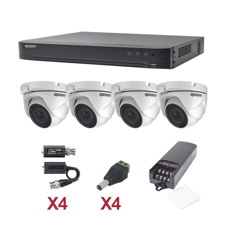 KIT TurboHD 1080p / DVR 4 Canales / 4 Cámaras Eyeball (exterior 2.8 mm) / Transceptores / Conectores / Fuente de Poder Profesional