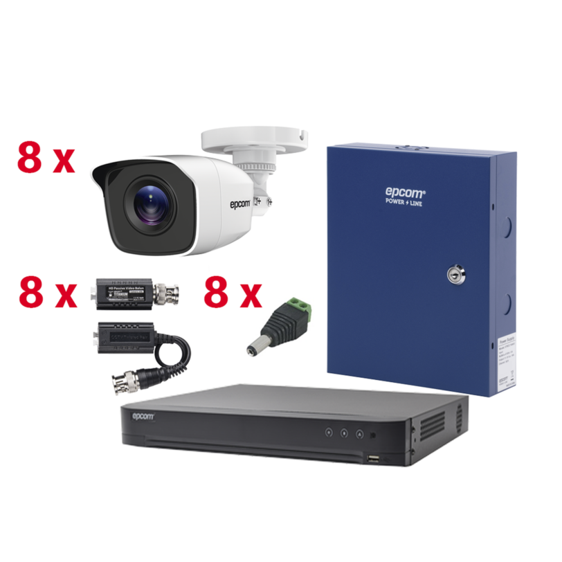 KIT TurboHD con Audio 1080p / DVR 8 Canales / 8 Cámaras Bala (exterior 2.8 mm) / Transceptores / Conectores / Fuente de Poder / AUDIO POR COAXITRON