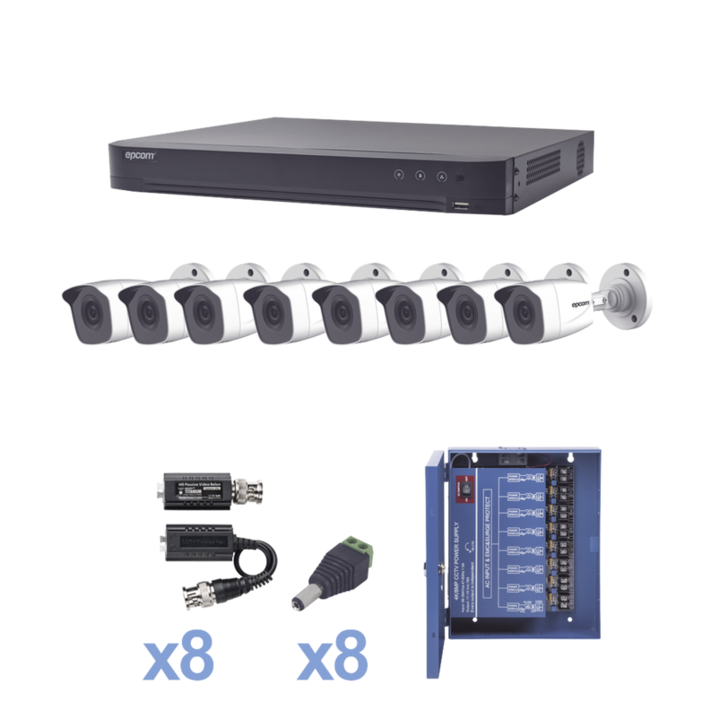 KIT TurboHD 1080p / DVR 8 Canales / 8 Cámaras Bala (exterior 2.8 mm) / Transceptores / Conectores / Fuente de Poder Profesional hasta 15 Vcd para Larga Distancias