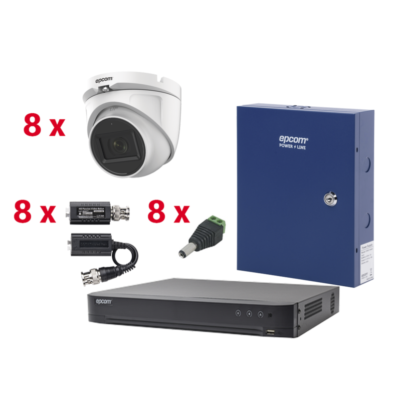 KIT TurboHD con Audio 1080p / DVR 8 Canales / 8 Cámaras Domo (exterior 2.8 mm) / Transceptores / Conectores / Fuente de Poder / AUDIO POR COAXITRON