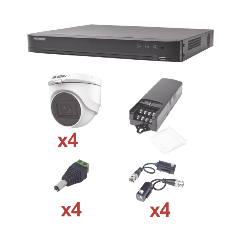 KIT TurboHD 1080p / DVR 4 Canales / 4 Cámaras Domo (interior 2.8 mm) / Transceptores / Conectores / Fuente de Poder Profesional