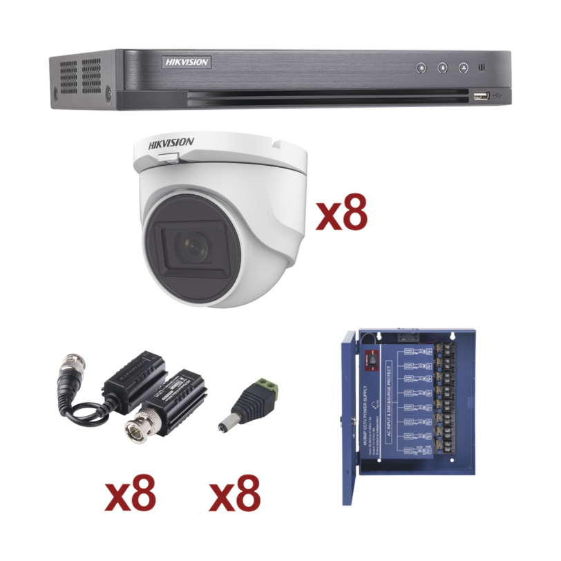 Kit TURBOHD 1080p / DVR 8 Canales / 8 Cámaras Turret (exterior 2.8 mm) / Conectores / Transceptores / Fuente de Poder Profesional hasta 15 Vcd para Larga Distancia