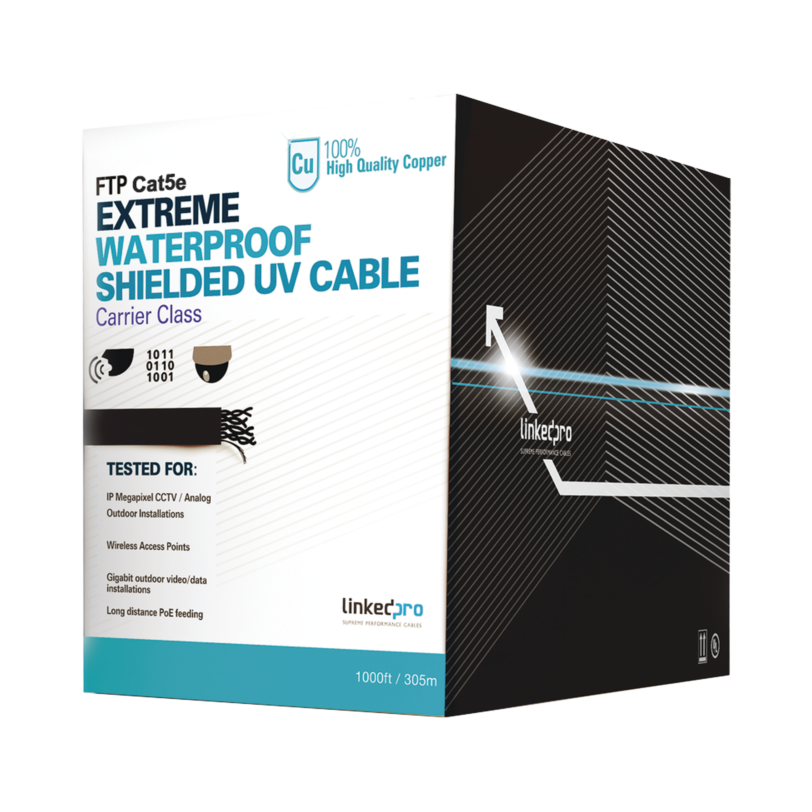 Bobina de cable de 305 m, Cat5e, color negro, sin blindar,  para aplicaciones de CCTV, redes de datos. Uso en intemperie