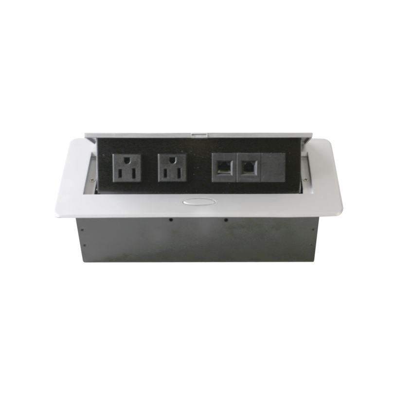 Caja horizontal de escritorio, con conector RJ45 Cat5e, RJ11, 2 contactos de 125v (11000-73201)