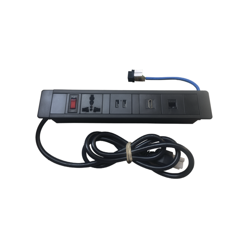 Hub para escritorio color negro,  con 1 Puerto HDMI Hembra-Hembra, 1 Conector RJ45 Cat6, 2 Puertos USB 5V DC /2 A, y 1 Contacto eléctrico universal