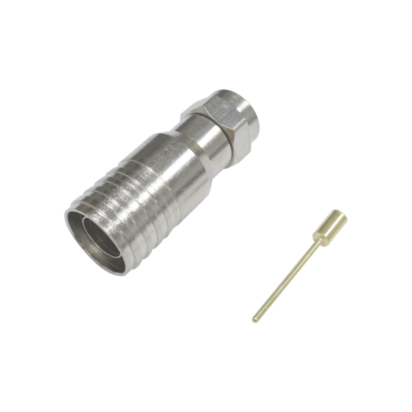 Conector F Macho (75 Ohm), de Anillo Plegable para instalar en cables RG-11, Bronce Niquelado.