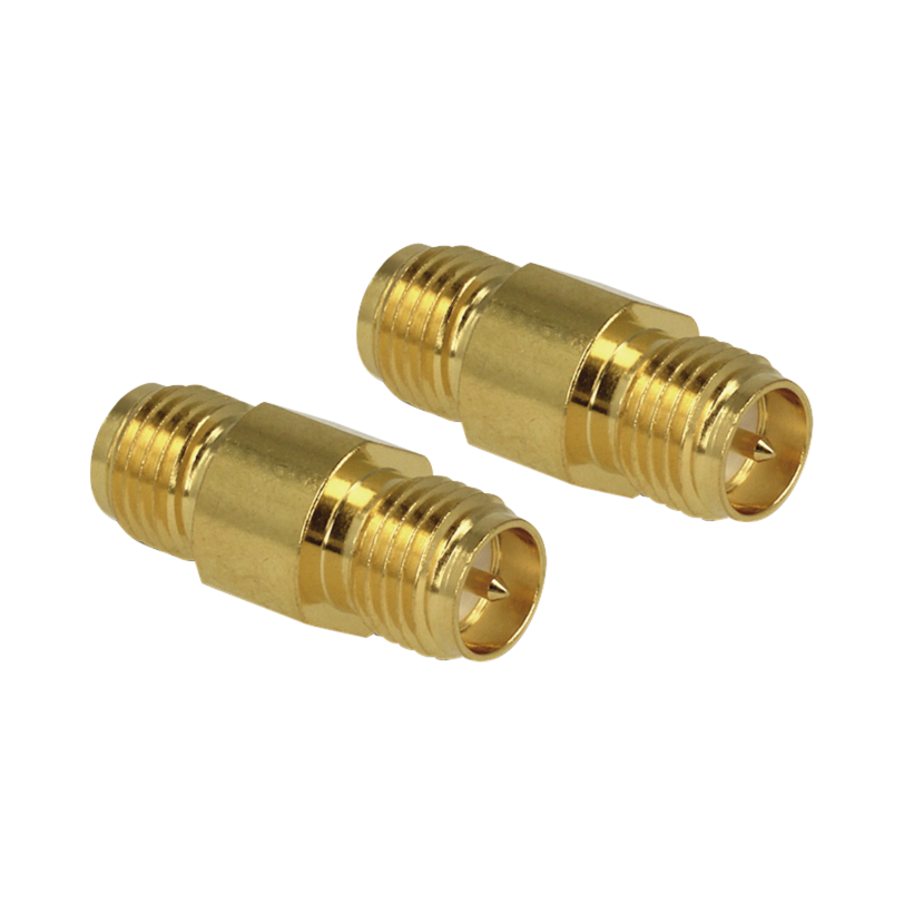 Adaptador Barril de SMA Hembra Inverso a SMA Hembra Inverso, Oro/ Oro/ Teflón,