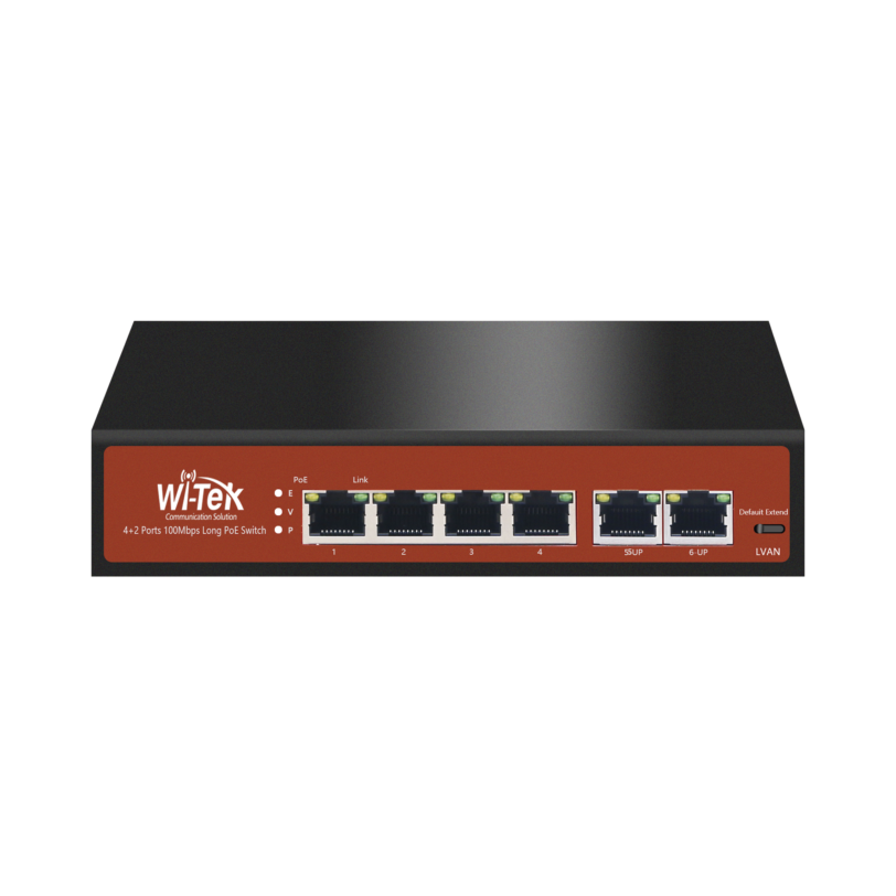 Switch PoE (802.3af/at/bt) no administrable de largo alcance, hasta 250m, 4 x 10/100Mbps (PoE) + 2 x 100/100Mbps Uplink, 65 W
