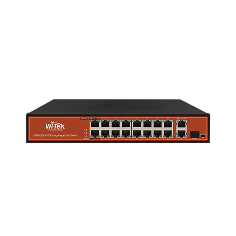 Switch PoE (802.3af/at/bt) no administrable de largo alcance, hasta 250m, 16 x 10/100Mbps (PoE) + 2 x 100/1000Mbps + 1 x SFP, 200 W