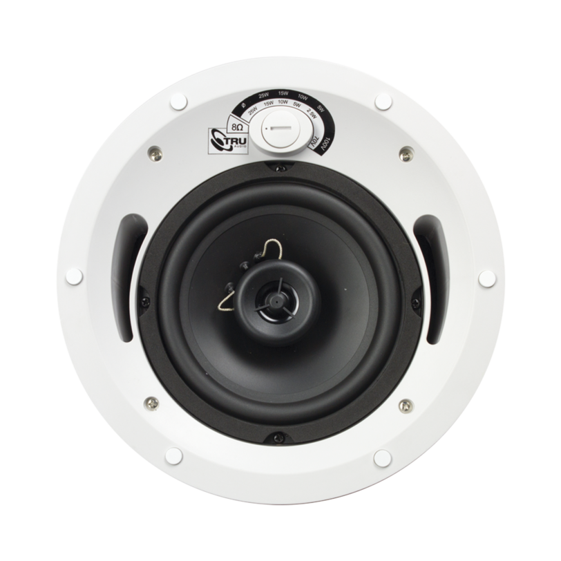 Altavoz comercial de 2 vías, 70V /100V /8 Ohms, en techo, woofer de polietileno 6.5 in, tweeter PEI 3/4in, 5-60 Watts, UL