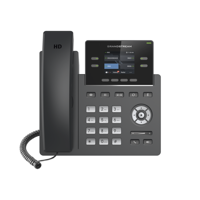 Teléfono IP Grado Operador, 2 líneas SIP con 4 cuentas, pantalla a color 2.4, PoE, codec Opus, IPV4/IPV6 con gestión en la nube GDMS