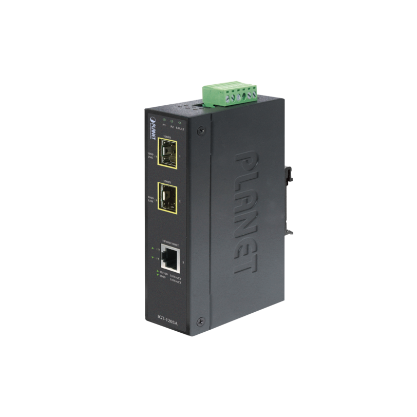 Convertidor de Medios Industrial 10/100/1000 Base-T a 2puertos 100/1000 Base-X SFP