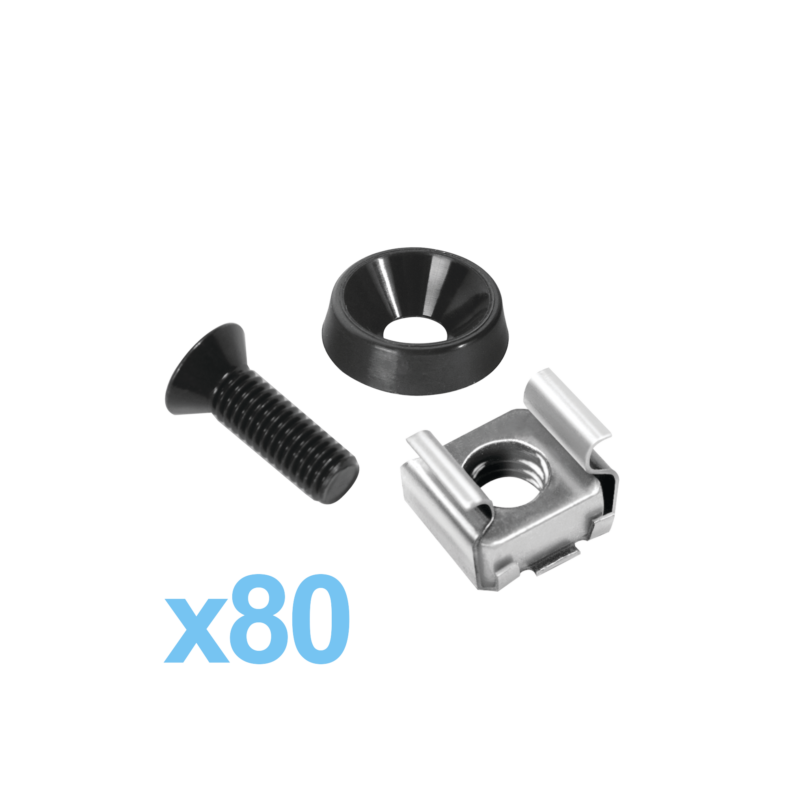 Kit de 80 tornillos con arandela y tuerca enjaulada para rack.