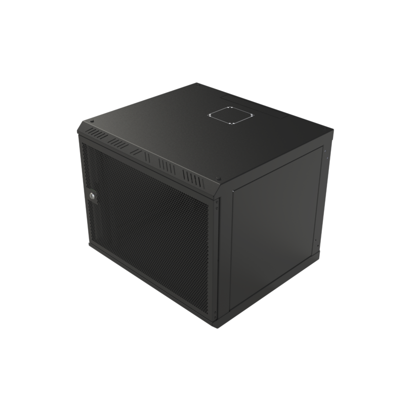 Gabinete con Puerta Ventilada para Montaje en Pared Cuerpo Fijo con Rack 19 de 9 Unidades.