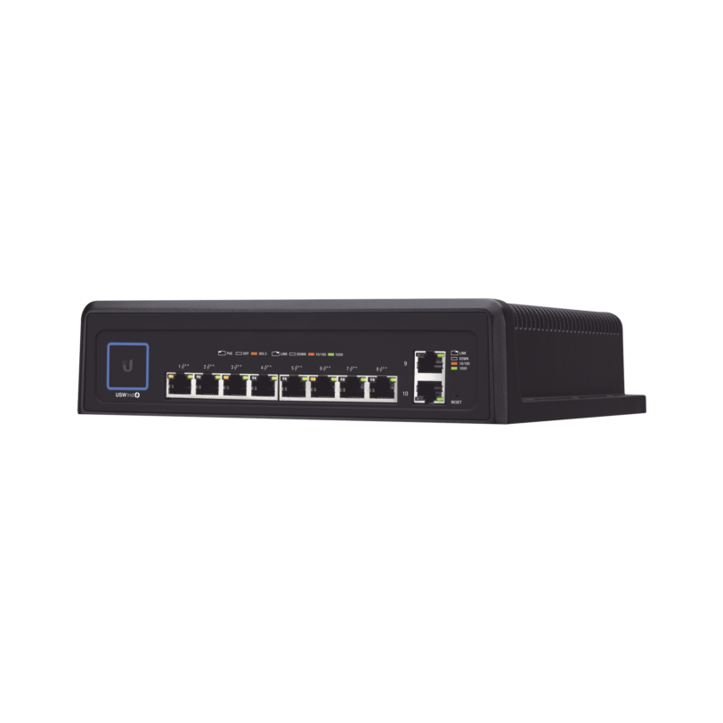 Switch industrial UniFi PoE de 10 puertos Gigabit (8 x 802.3bt y 2 x Ethernet) para temperaturas extremas