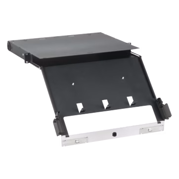 Panel de Distribución de Fibra Óptica, Acepta 4 Placas FAP o FMP, Bandeja Deslizable e Inclinable Hacia Abajo, Hasta 96 Fibras, Color Negro, 1UR