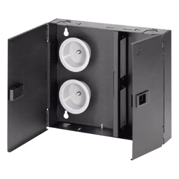 Caja de Conexión de Fibra Óptica, Para Montaje en Pared, Acepta 2 Placas FAP o FMP, Hasta 48 Fibras, Color Negro
