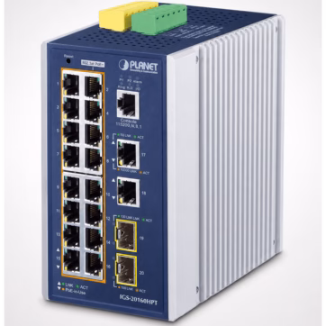 Switch Industrial Administrable 16 puertos 10/100/1000 T 802.3at PoE + 2 Puertos 10/100/1000 T + 2 puertos 100/1000 X SFP