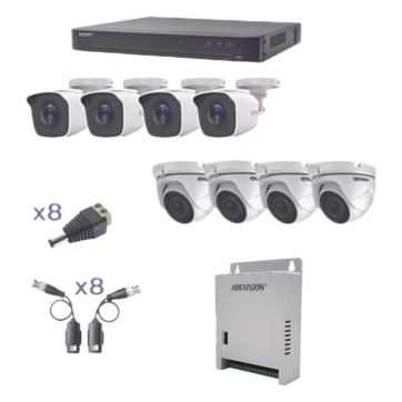 KIT TurboHD 1080p / DVR 4 Canales / 4 Cámaras Bala (exterior 2.8 mm) / Transceptores / Conectores / Fuente de Poder Profesional