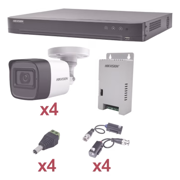 KIT TurboHD 1080p / DVR 4 Canales / 4 Cámaras Bala (exterior 2.8 mm) / Transceptores / Conectores / Fuente de Poder Profesional