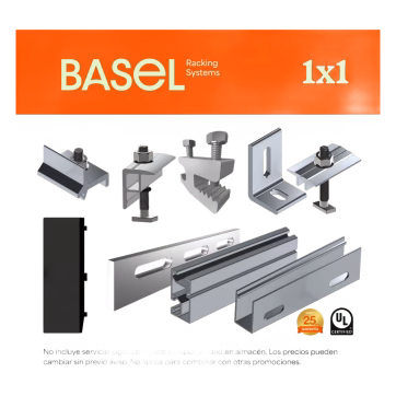 Kit Basel Sistema de Montaje Solar para 1 Módulo / Inclinación 10° / Para Módulo 645 W / Dimensiones del Módulo 2.382 m (7.8 ft) x 1.134 m (3.7 ft) / Velocidad de Viento 170 km/h / Losa Plana Una Fila
