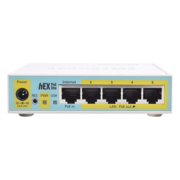 (hEX PoE LITE) RouterBoard, 5 Puertos Fast Ethernet, 4 con PoE Pasivo, 1 Puerto USB